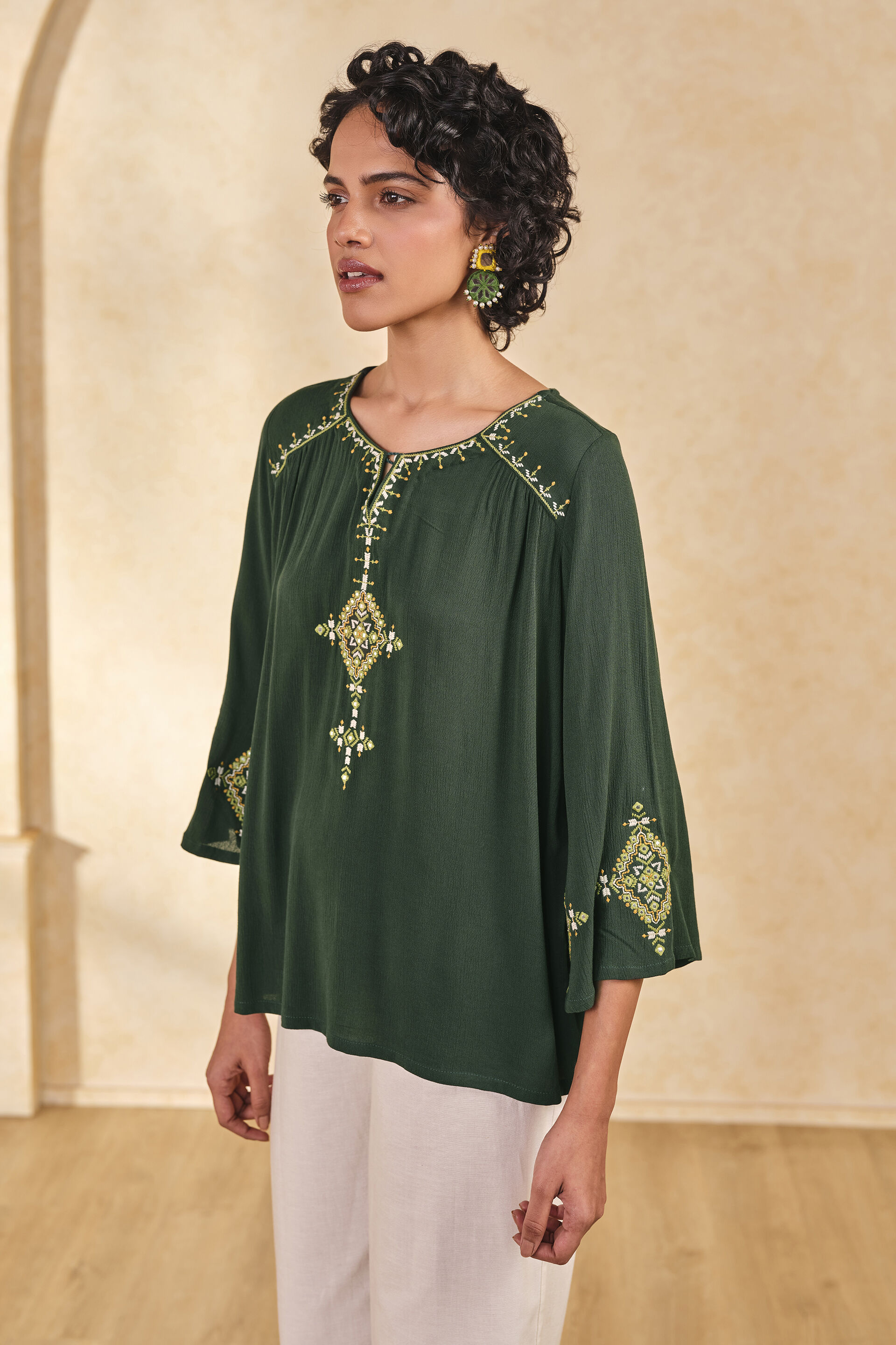 Green Embroidered Short Top, Green, image 3